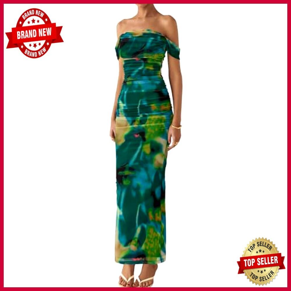 Floral Off Shoulder Ruched Mesh Maxi Dress Elegant Wedding Guest Cocktail - Picture 4 of 7